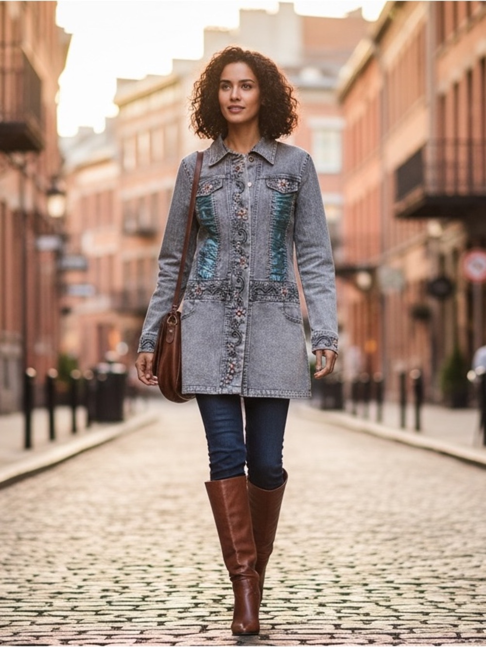 Pomocioro Long Gray Denim Jacket with Aqua Panels and Beading Embellishments